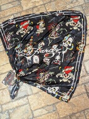 Ed Hardy New With Tags Head Scarf Black Multi Tattoo Print 27" Bandana